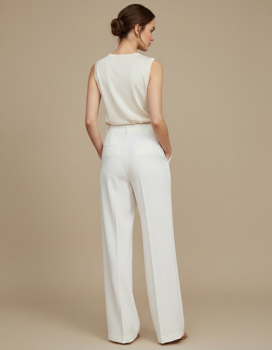 Pantalon À Pince Blanc Cassé Fluide Taille Haute Femme - Polyester - vue 2
