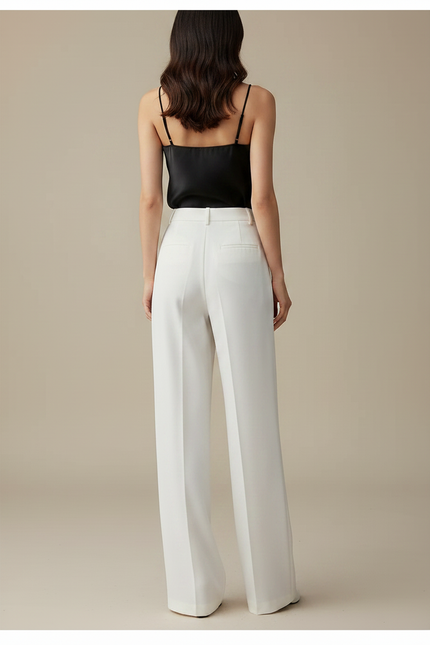 Pantalon À Pince Blanc Plissé Ample Taille Haute Femme - Polyester - vue 2