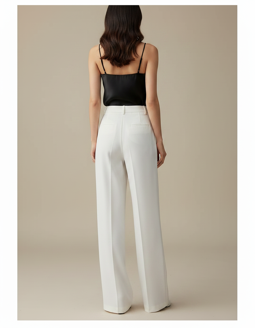 Pantalon À Pince Blanc Plissé Ample Taille Haute Femme - Polyester - vue 2