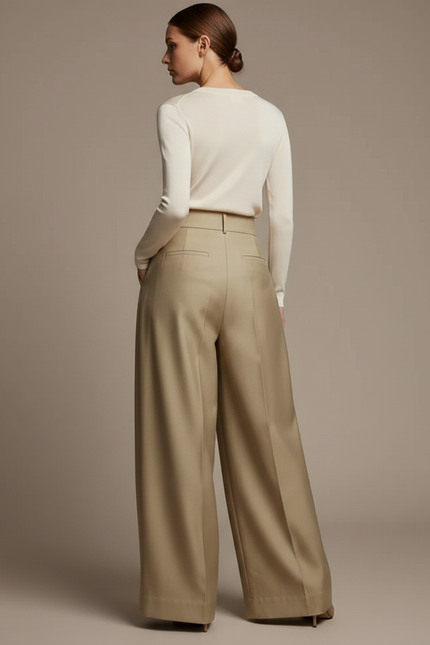 Pantalon À Pince Beige Satiné Ample Plissé Élégant - vue 2