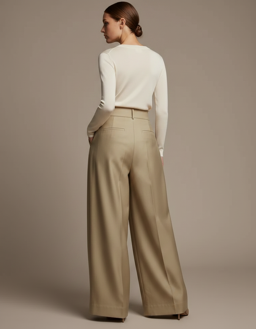 Pantalon À Pince Beige Satiné Ample Plissé Élégant - vue 2