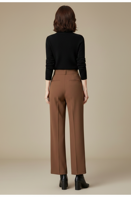 Pantalon À Pince Marron Droit Taille Haute Élégant Femme - Polyester - vue 2