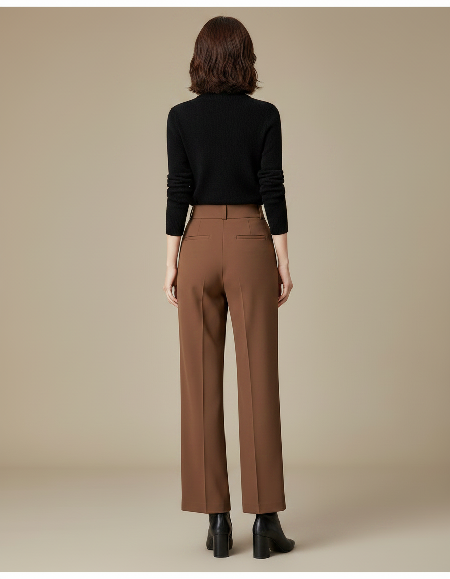 Pantalon À Pince Marron Droit Taille Haute Élégant Femme - Polyester - vue 2