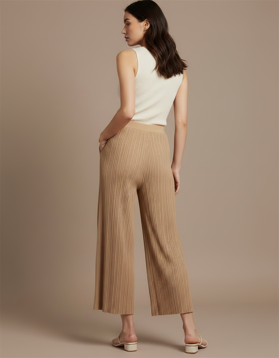 Pantalon À Pince Plissé Fluide Beige Ample Élégant - Polyester - vue 2