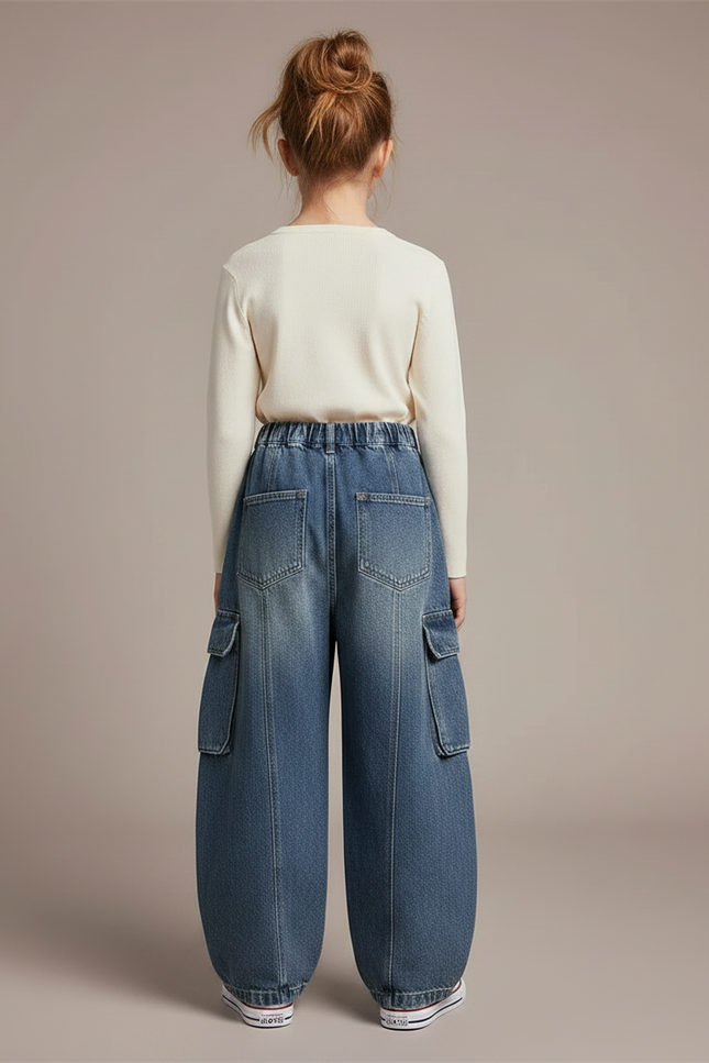 Pantalon À Pince Cargo Ample Denim Enfant Décontracté - Bleu Jean - vue 2