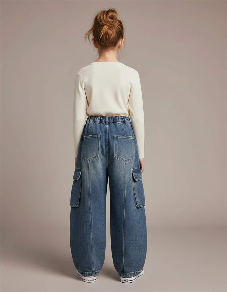 Pantalon À Pince Cargo Ample Denim Enfant Décontracté - Bleu Jean - vue 2
