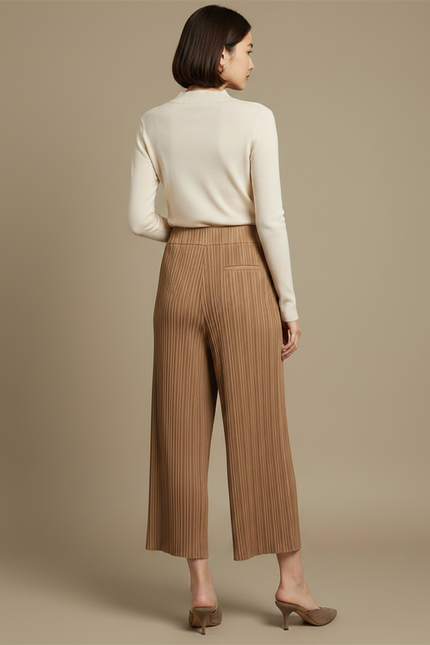 Pantalon À Pince Plissé Marron Ample Fluide Élégant - Polyester - vue 2