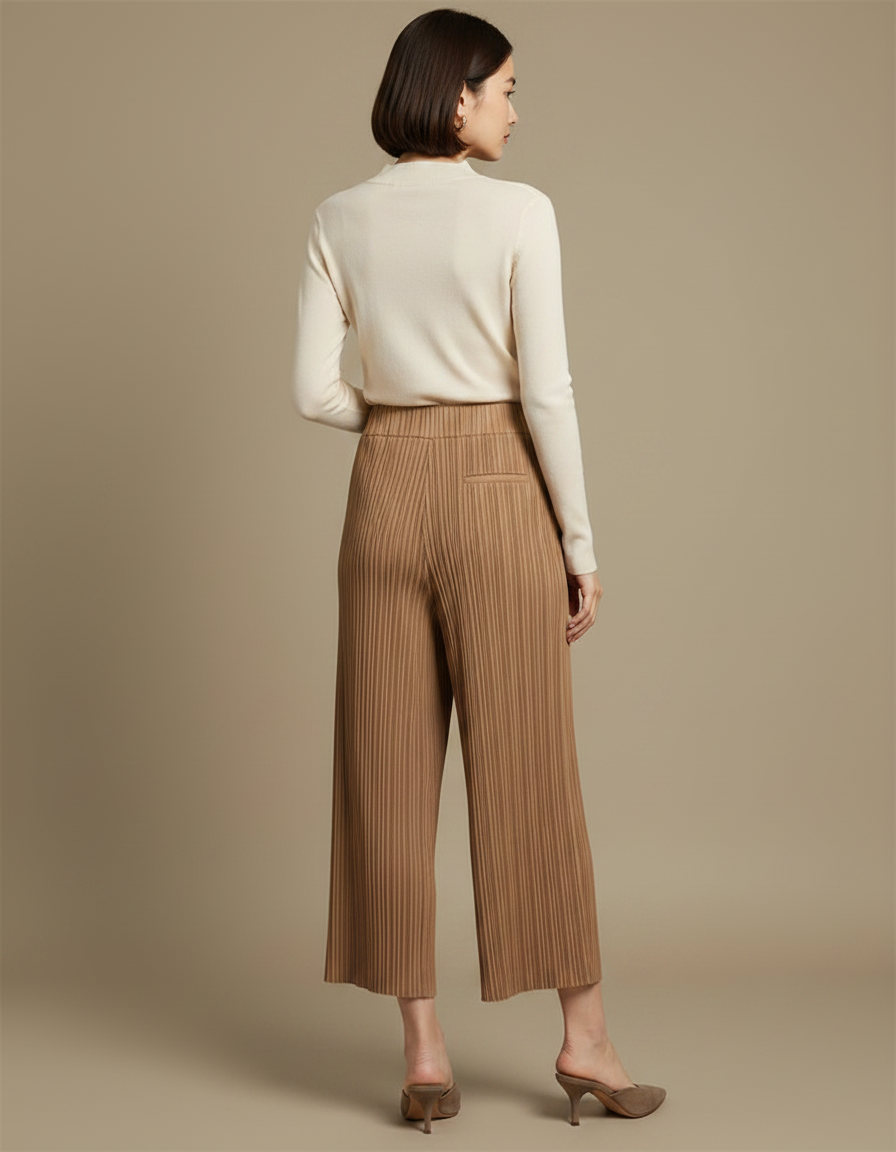 Pantalon À Pince Plissé Marron Ample Fluide Élégant - Polyester - vue 2