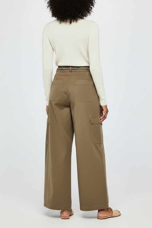 Pantalon À Pince Kaki Ample Décontracté Coton Ceinturé - vue 2