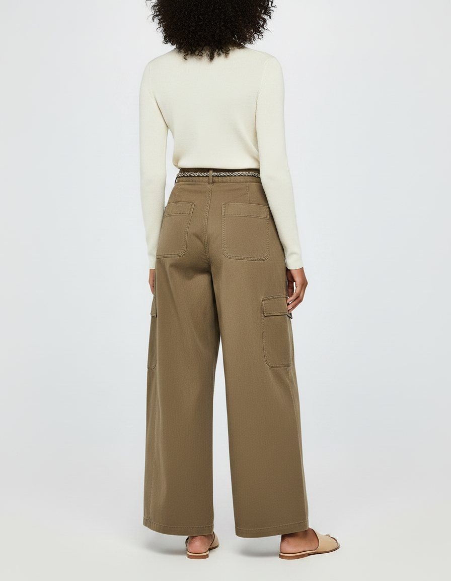 Pantalon À Pince Kaki Ample Décontracté Coton Ceinturé - vue 2