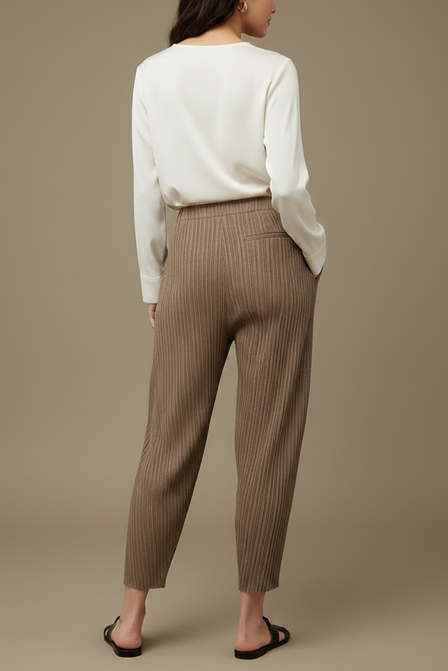 Pantalon À Pince Plissé Fluide Marron Décontracté Femme - Polyester - vue 2