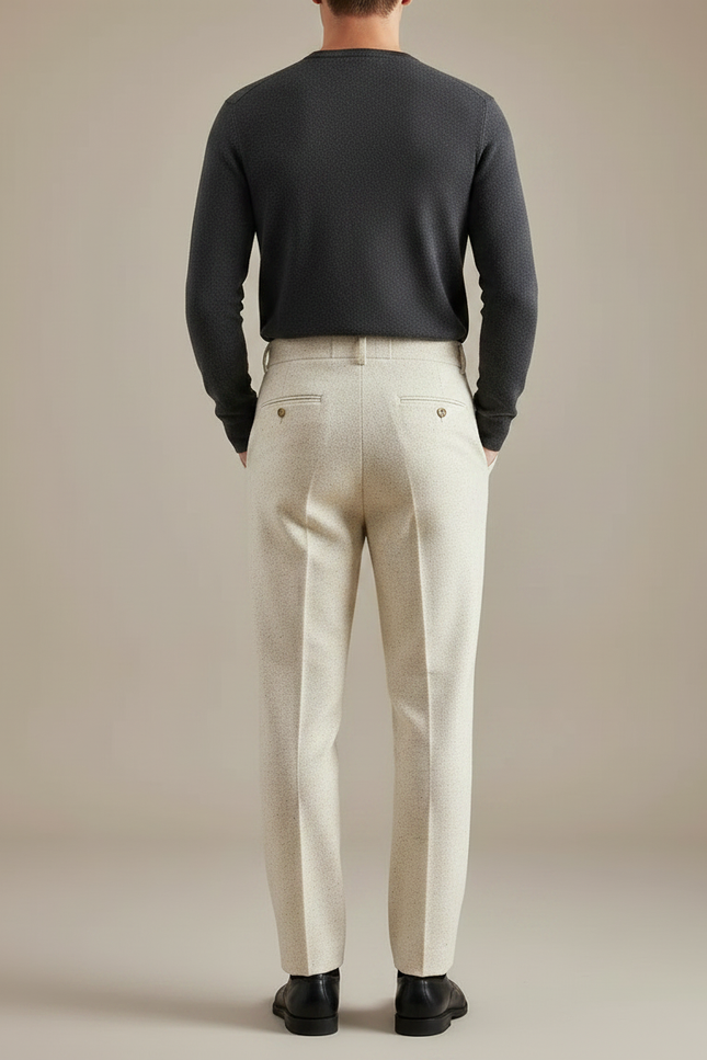 Pantalon À Pince Crème Tweed Plissé Droit Homme - Beige - vue 2
