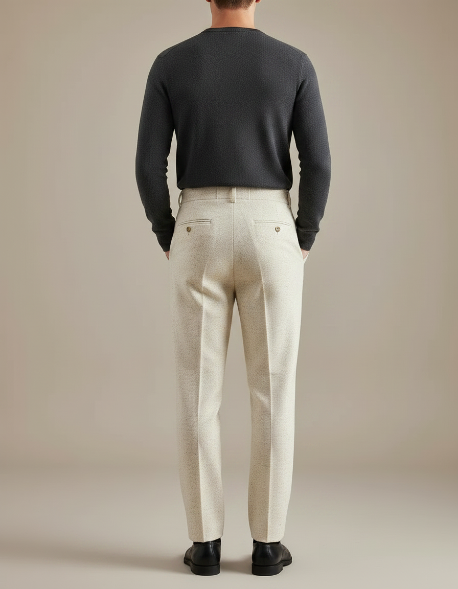 Pantalon À Pince Crème Tweed Plissé Droit Homme - Beige - vue 2