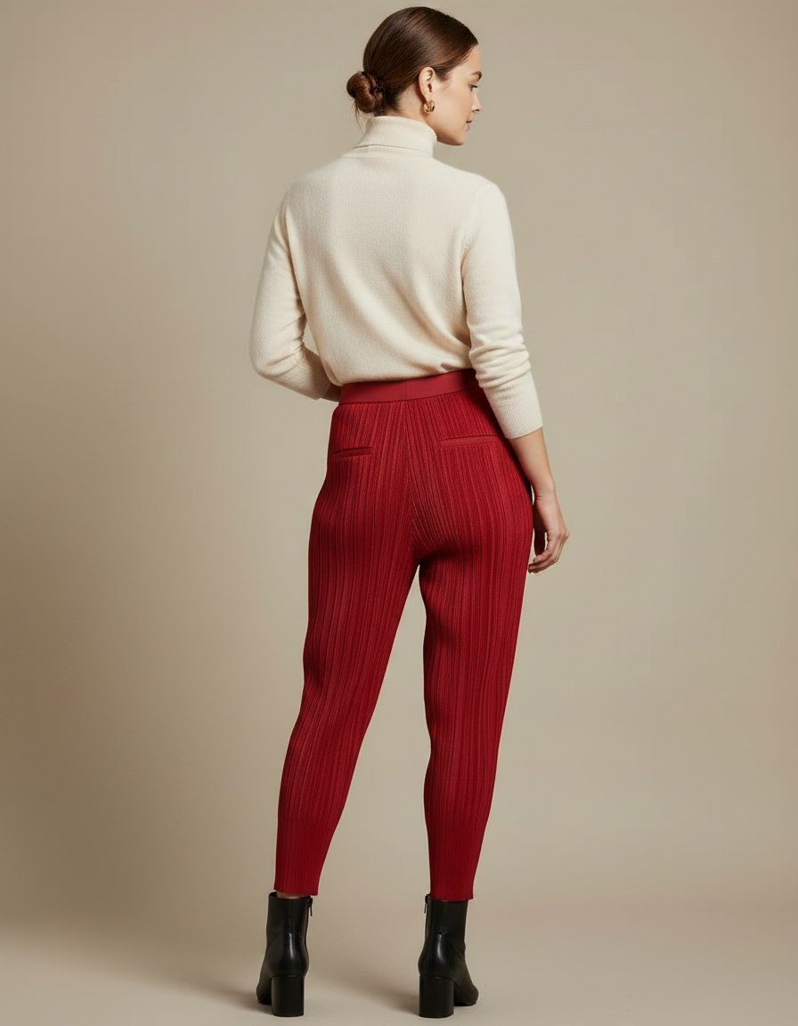 Pantalon À Pince Plissé Rouge Élastique Confortable Femme - Maille - vue 2