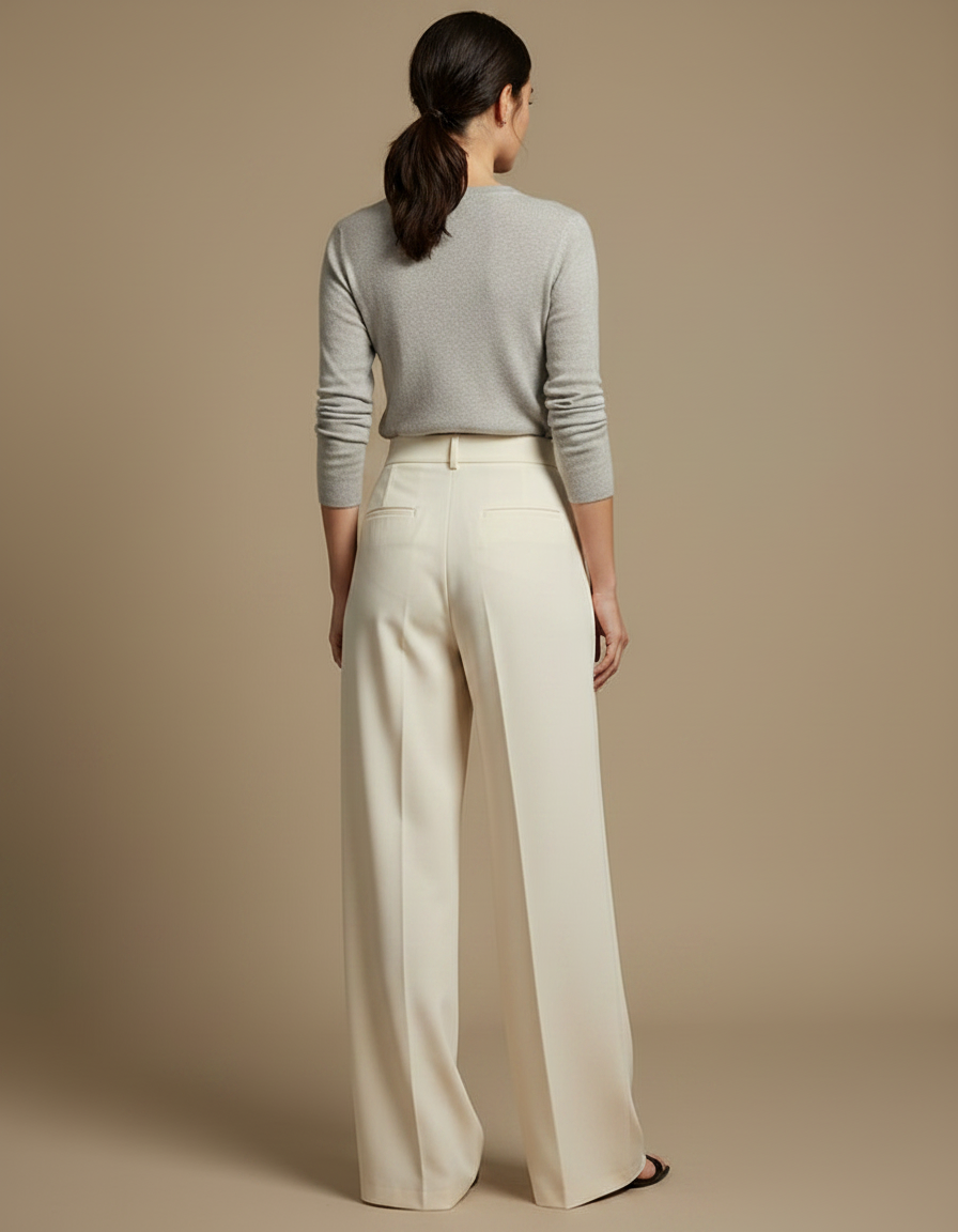 Pantalon À Pince Crème Ample Fluide Taille Haute - Beige Polyester - vue 2