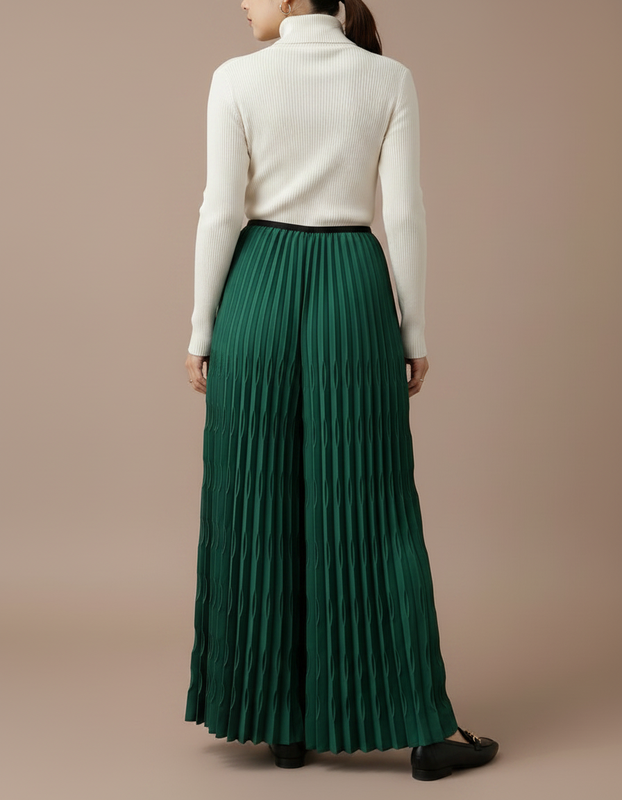 Pantalon À Pince Plissé Vert Émeraude Ample Chic - Polyester - vue 2