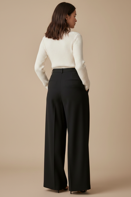 Pantalon À Pince Noir Ample Fluide Élégant Femme - Polyester - vue 2