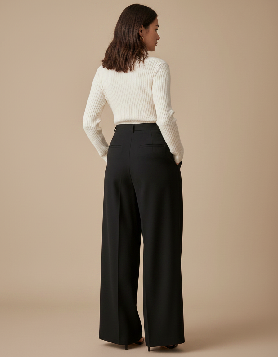 Pantalon À Pince Noir Ample Fluide Élégant Femme - Polyester - vue 2