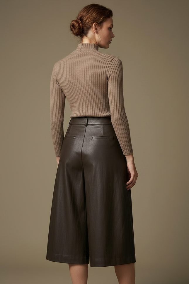 Pantalon À Pince Marron Similicuir Ample Élégant Femme - Simili cuir - vue 2