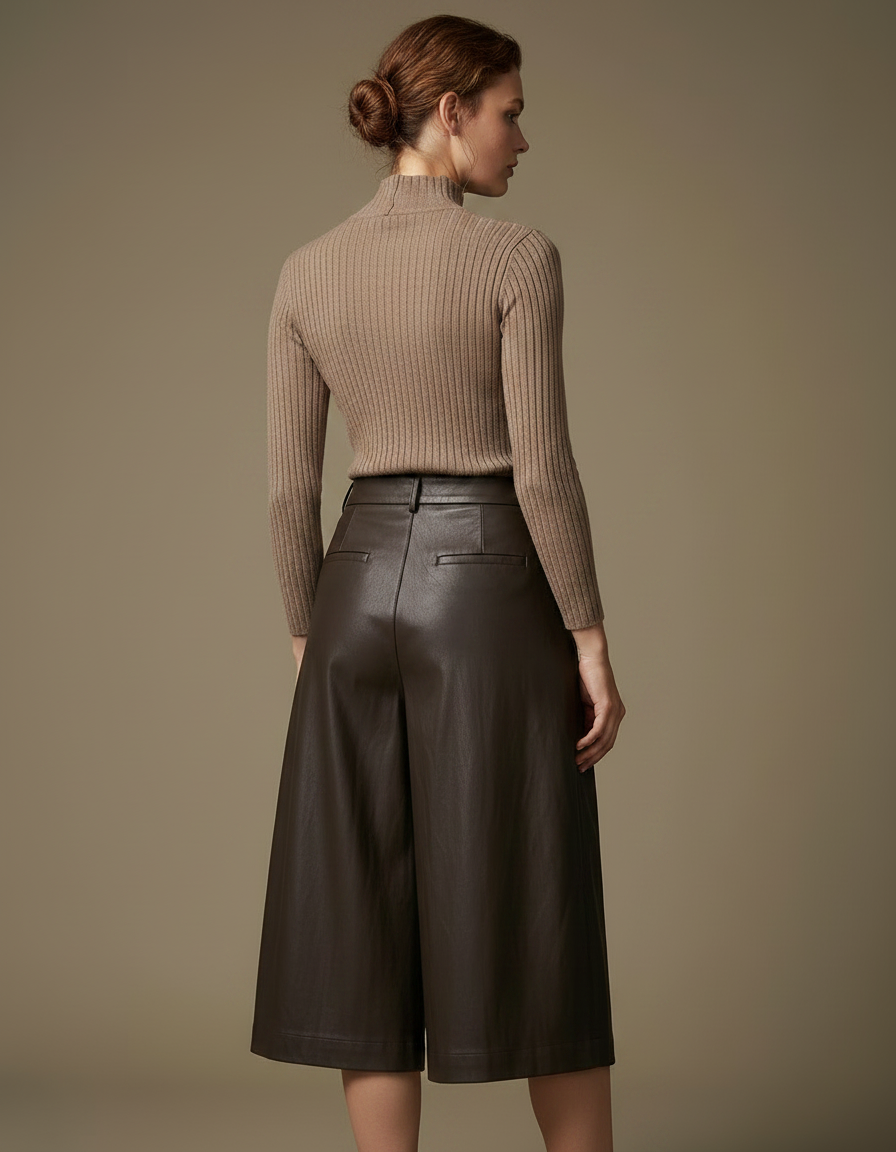 Pantalon À Pince Marron Similicuir Ample Élégant Femme - Simili cuir - vue 2