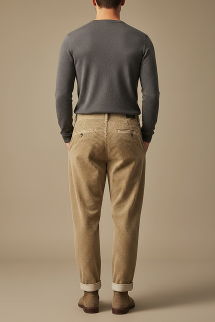 Pantalon À Pince Beige Côtelé Plissé Décontracté Homme - Cordé - vue 2