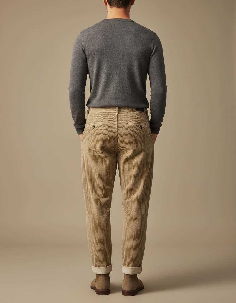 Pantalon À Pince Beige Côtelé Plissé Décontracté Homme - Cordé - vue 2