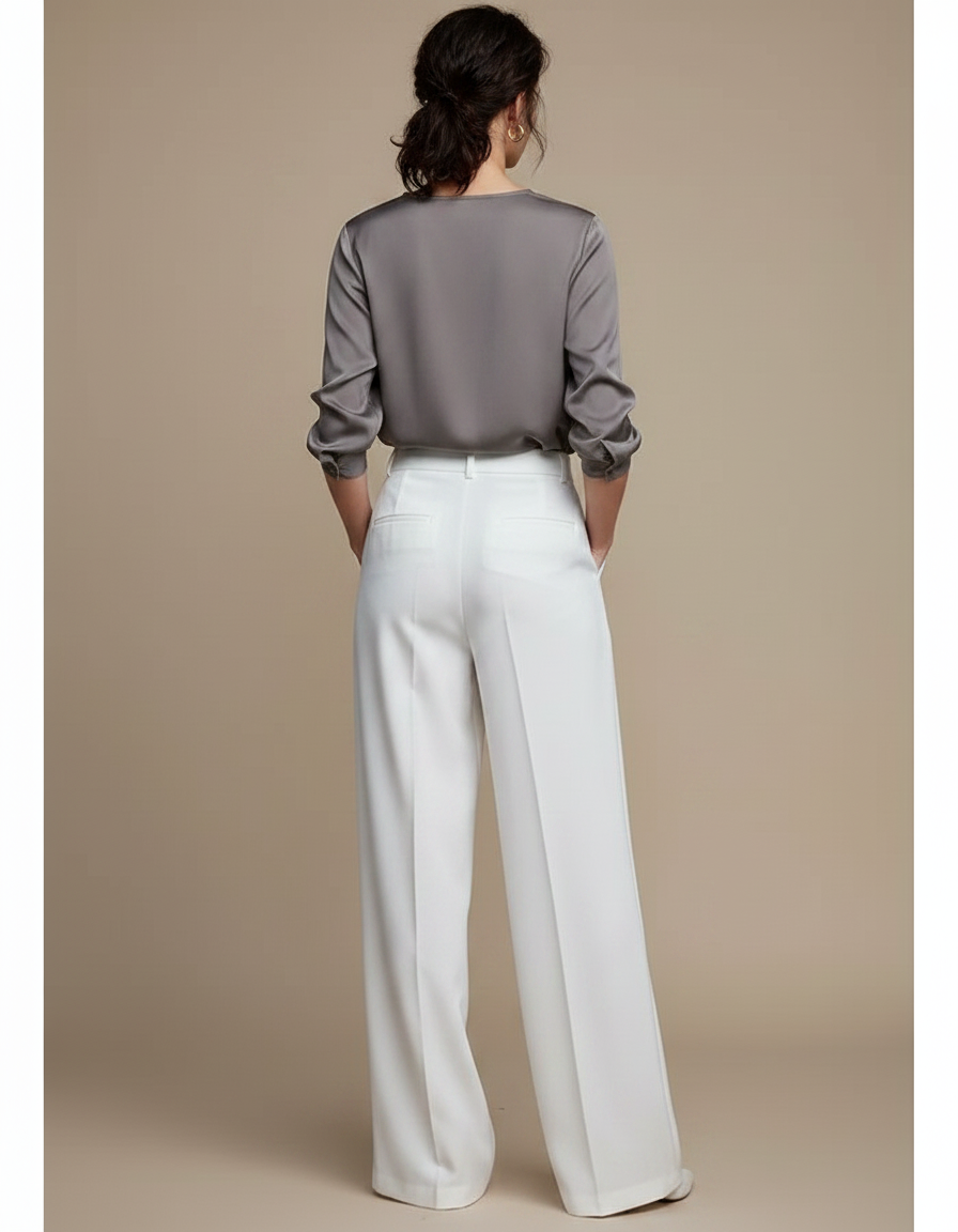 Pantalon À Pince Blanc Plissé Ample Élégant Fluide - Viscose - vue 2