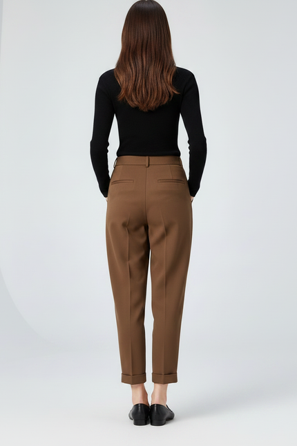 Pantalon À Pince Marron Taille Haute Élégant Décontracté Femme - Gabardine - vue 2