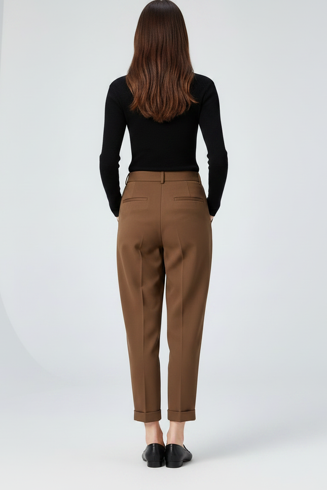Pantalon À Pince Marron Taille Haute Élégant Décontracté Femme - Gabardine - vue 2