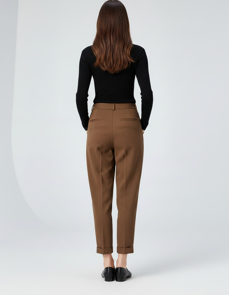 Pantalon À Pince Marron Taille Haute Élégant Décontracté Femme - Gabardine - vue 2