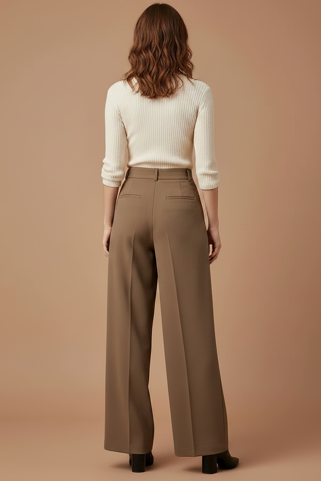 Pantalon À Pince Marron Taille Haute Ample Plissé Fluide - Polyester - vue 2