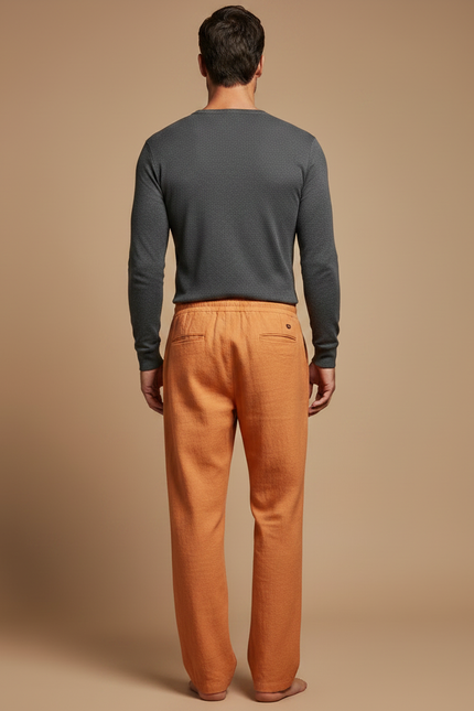 Pantalon À Pince Orange Lin Ample Décontracté Cordon - vue 2