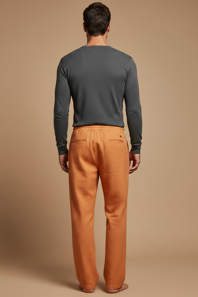 Pantalon À Pince Orange Lin Ample Décontracté Cordon - vue 2