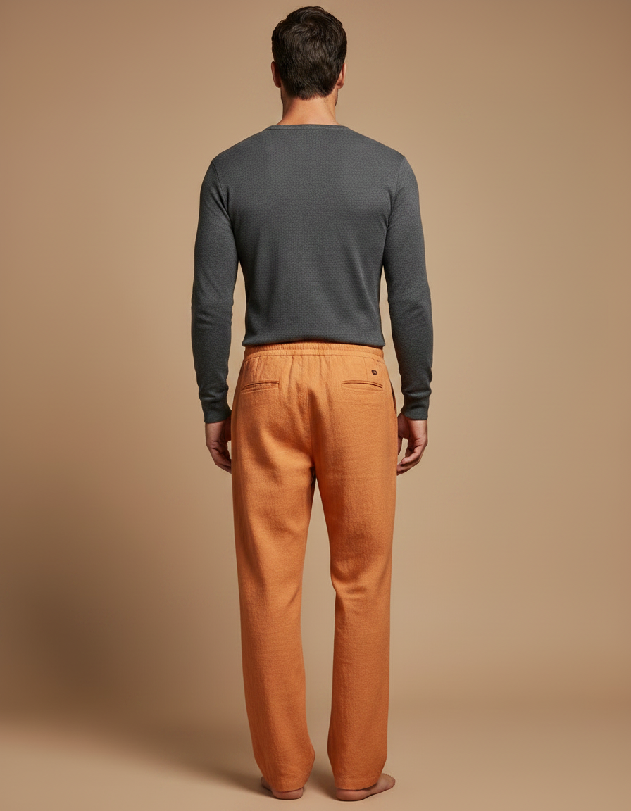 Pantalon À Pince Orange Lin Ample Décontracté Cordon - vue 2