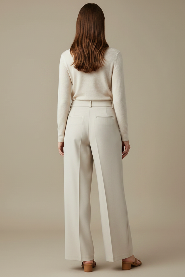 Pantalon À Pince Crème Ample Fluide Élégant Femme - Beige Gabardine - vue 2