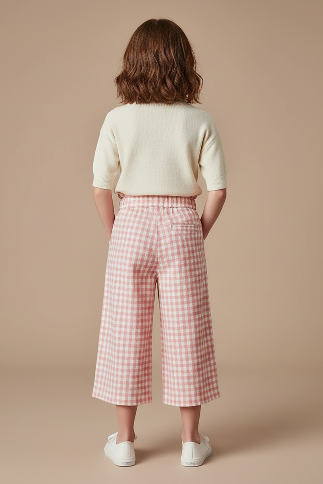 Pantalon À Pince Carreaux Rose Ample Coton Fille - vue 2