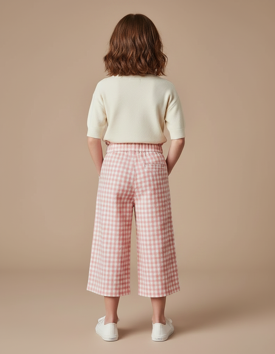 Pantalon À Pince Carreaux Rose Ample Coton Fille - vue 2