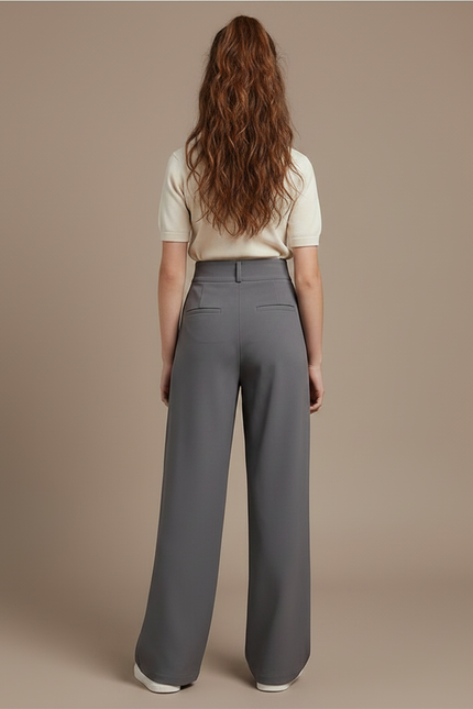 Pantalon À Pince Gris Fluide Élégant Taille Haute Fille - Polyester - vue 2