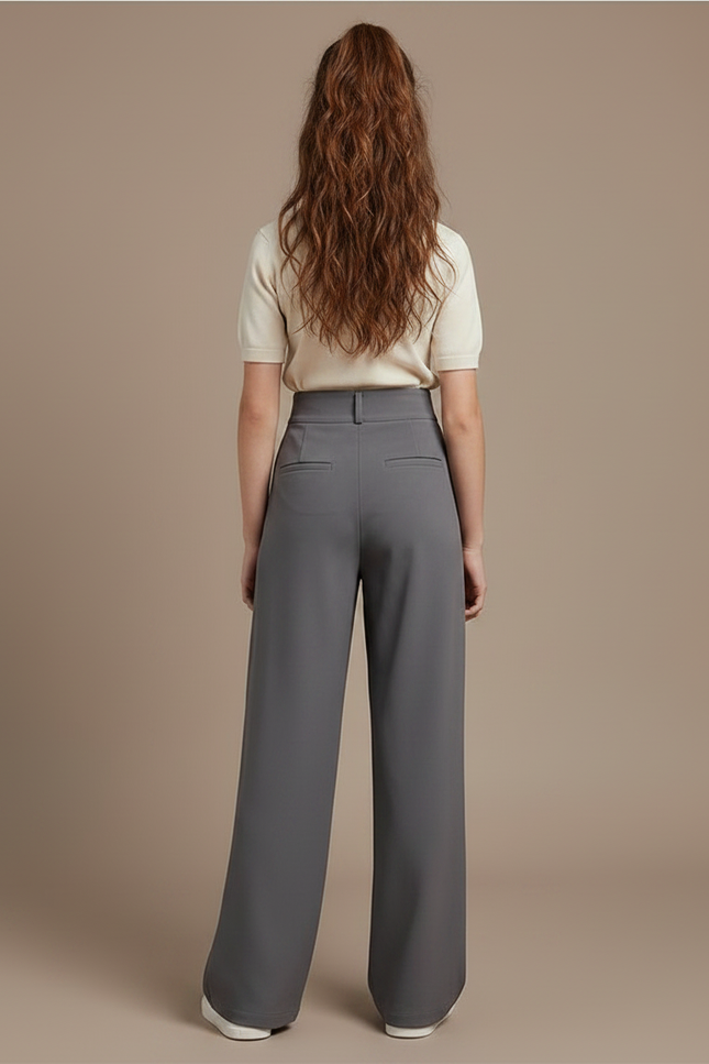 Pantalon À Pince Gris Fluide Élégant Taille Haute Fille - Polyester - vue 2