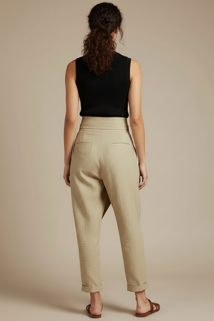 Pantalon À Pince Beige Décontracté Drapé Femme Fluide - Lin - vue 2