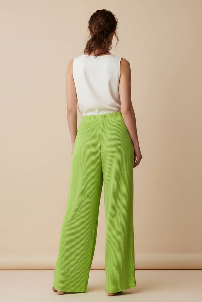 Pantalon À Pince Plissé Vert Ample Fluide Élastique - Polyester - vue 2