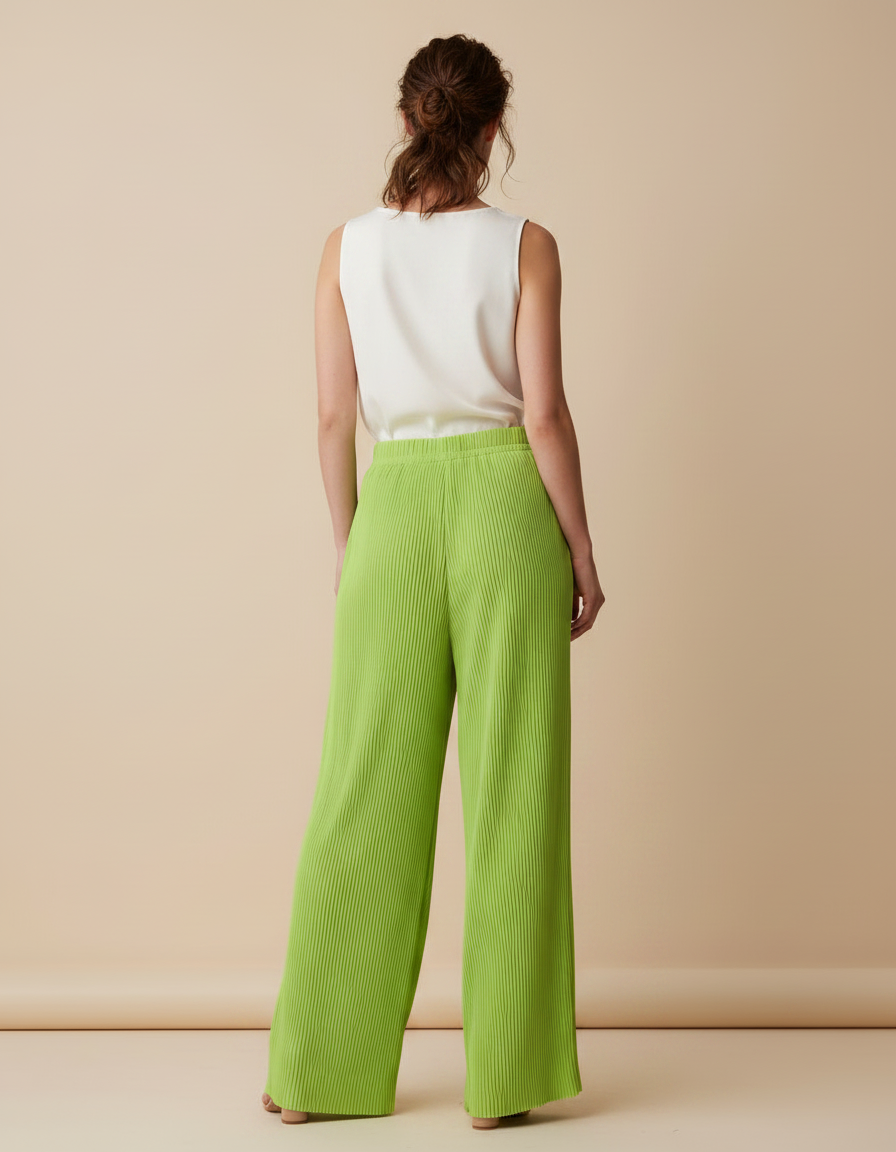Pantalon À Pince Plissé Vert Ample Fluide Élastique - Polyester - vue 2