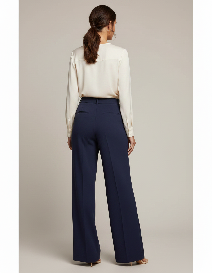 Pantalon À Pince Bleu Marine Ample Fluide Élégant Femme - Gabardine - vue 2