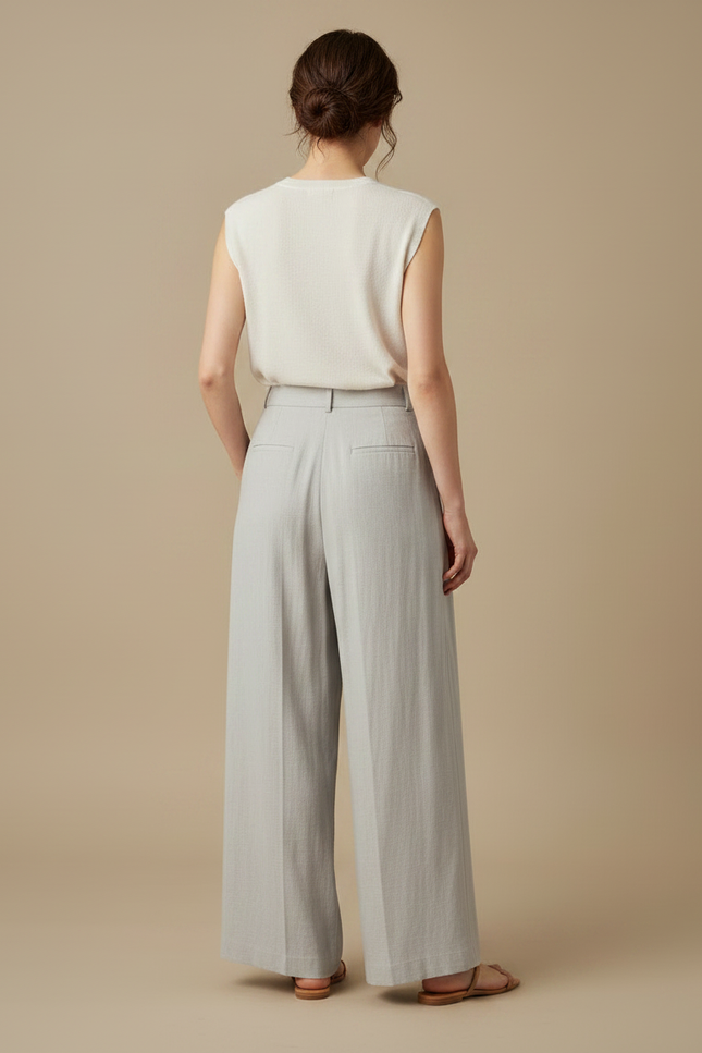 Pantalon À Pince Gris Lin Ample Décontracté Femme - vue 2