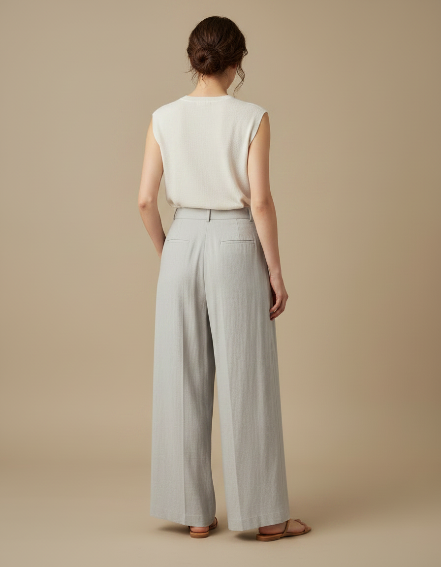 Pantalon À Pince Gris Lin Ample Décontracté Femme - vue 2