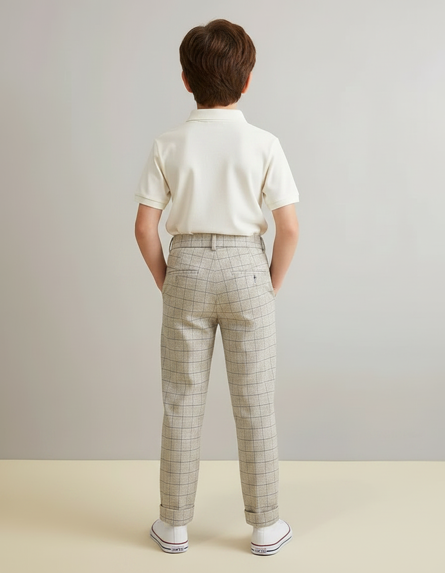 Pantalon À Pince Carreaux Plissé Garçon Élégant Beige - Tweed - vue 2