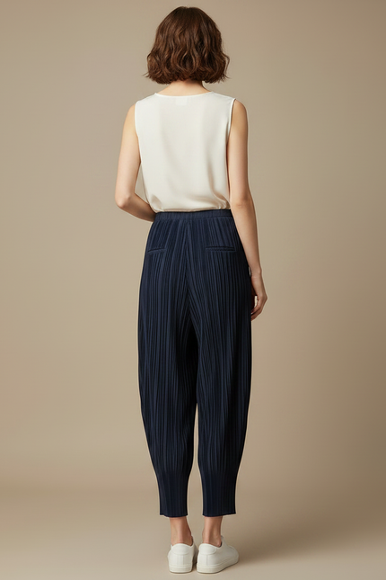 Pantalon À Pince Plissé Fluide Ample Marine Femme - Polyester - vue 2