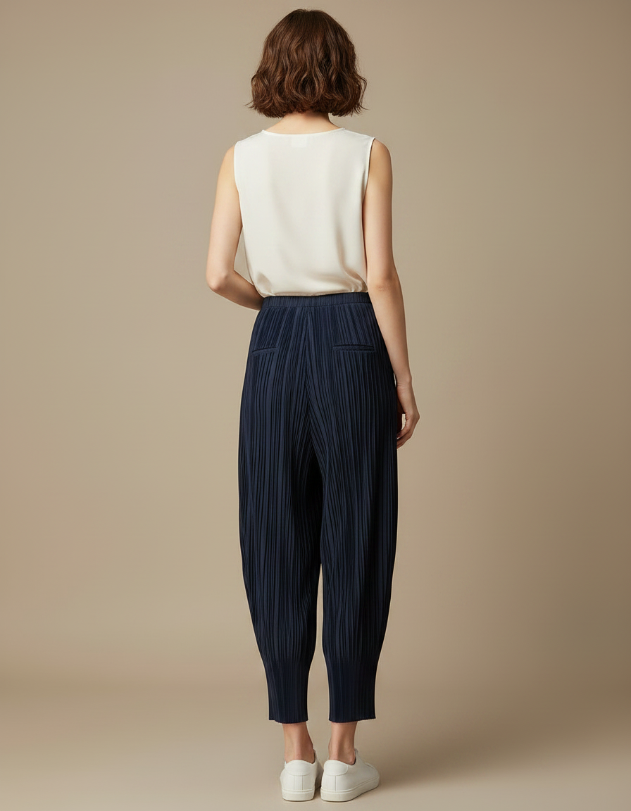 Pantalon À Pince Plissé Fluide Ample Marine Femme - Polyester - vue 2