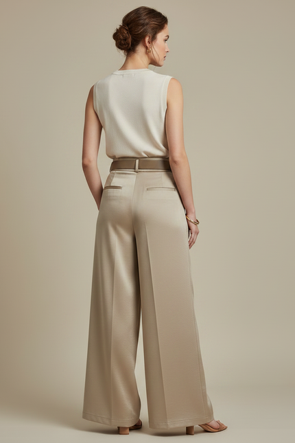 Pantalon À Pince Satiné Beige Plissé Fluide Élégant - vue 2
