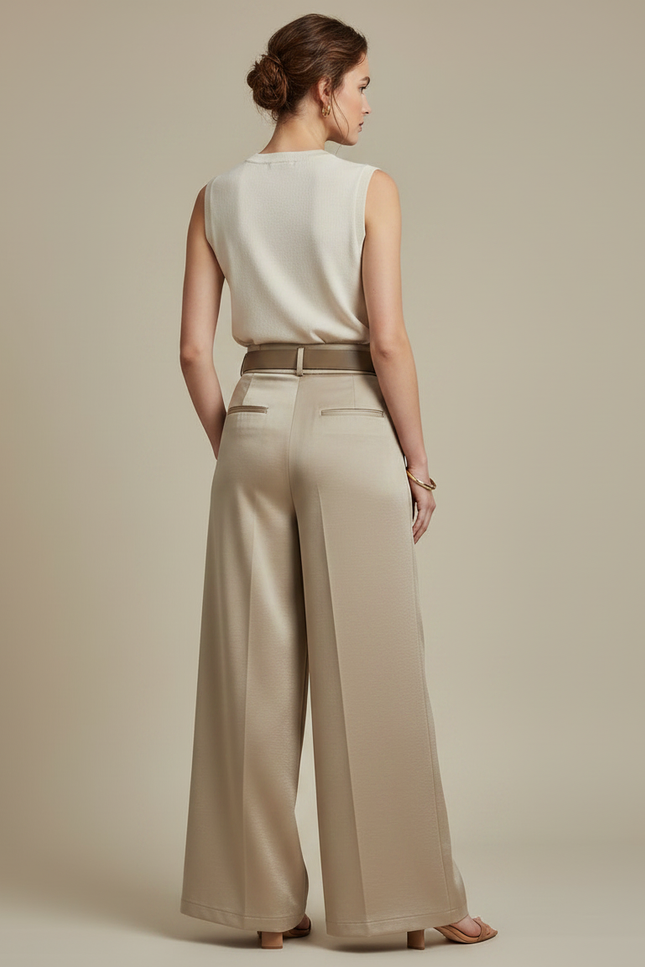 Pantalon À Pince Satiné Beige Plissé Fluide Élégant - vue 2